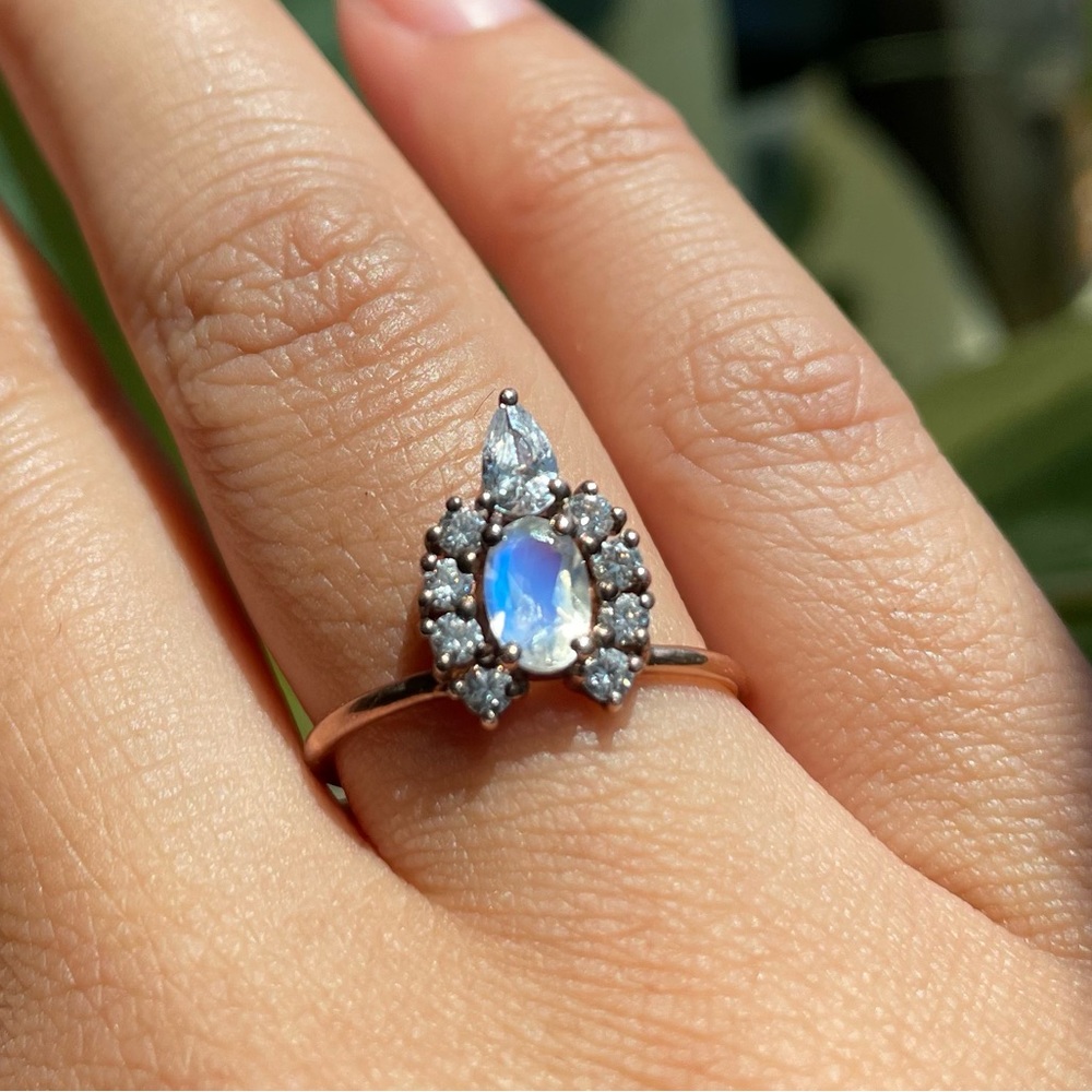 Local eclectic moonstone and diamond princess crown ring